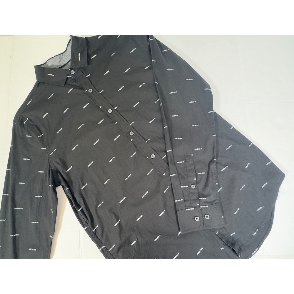 DKNY Mens Logo All Over Print Long Sleeve Button Down Shirt M Minimal Streetwear